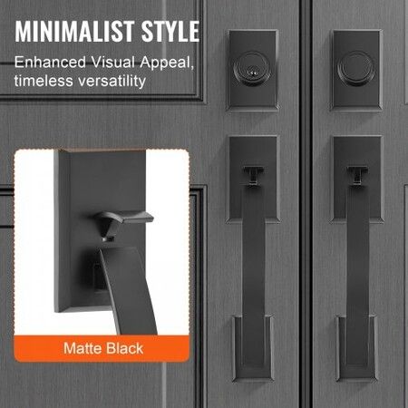Double Door Handle Set, Matte Black Arched Door Lever, Double Front Door Handle Set with Reversible Handle Lever, Heavy Duty Double Door Lock Set with Dummy, for Office Door or Front Door