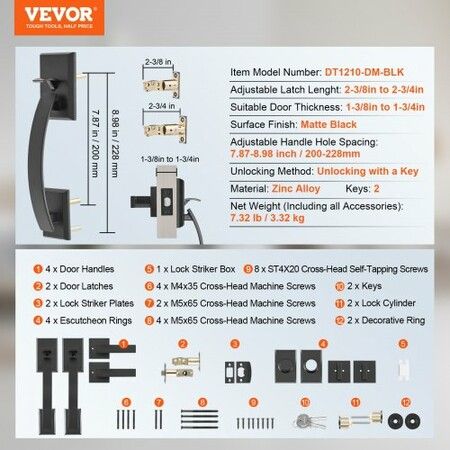 Double Door Handle Set, Matte Black Arched Door Lever, Double Front Door Handle Set with Reversible Handle Lever, Heavy Duty Double Door Lock Set with Dummy, for Office Door or Front Door