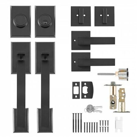 Double Door Handle Set, Matte Black Arched Door Lever, Double Front Door Handle Set with Reversible Handle Lever, Heavy Duty Double Door Lock Set with Dummy, for Office Door or Front Door