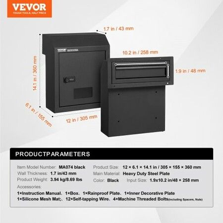 Through The Door Key Drop Box, Heavy Duty Steel Through the Door Mailbox with 12" Combination Lock, Mail Drop Box, Black