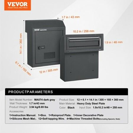 Through The Door Key Drop Box, Heavy Duty Steel Through the Door Mailbox with 12" Combination Lock, Mail Drop Box, Dark Gray