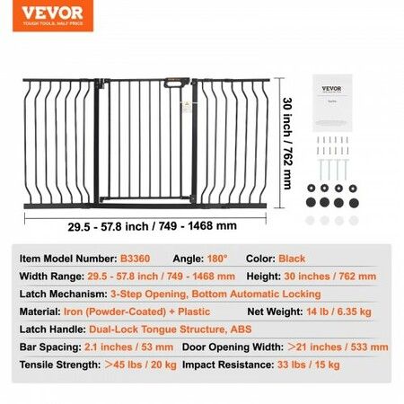 Baby Gate, 749-1468 mm Extra Wide, 762 mm High, Dog Gate for Stairs Doorways and House, Easy Step Walk Thru Auto Close Child Gate Pet Security Gate with Pressure Mount and Wall Mount Kit, Black