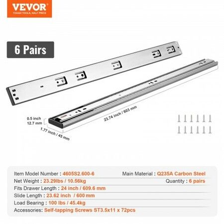 6 Pairs of 609.6mm Drawer Slides Side Mount Rails, Heavy Duty Full Extension Steel Track, Soft-Close Noiseless Guide Glides Cabinet Kitchen Runners with Ball Bearing, 100 Lbs Load Capacity