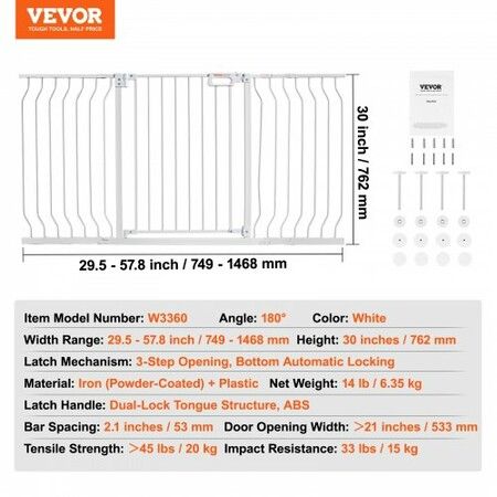 Baby Gate, 749-1468 mm Extra Wide, 762 mm High, Dog Gate for Stairs Doorways and House, Easy Step Walk Thru Auto Close Child Gate Pet Security Gate with Pressure Mount and Wall Mount Kit, White