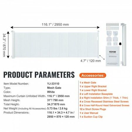 Retractable Baby Gate, 34.2" Tall Mesh Baby Gate, Extends up to 116.1" Wide Retractable Gate for Kids or Pets, Retractable Dog Gates for Indoor Stairs, Doorways, Hallways, Playrooms, White