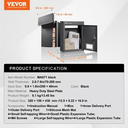 Through The Wall Drop Box, Heavy Duty Steel Through the Wall Mailbox with 2.8-7.9" 13" Combination Lock, 12.5x6.3x16.9" Mail Drop Box, Black