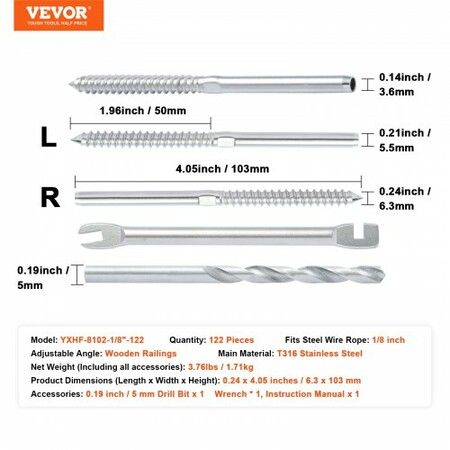 122 Pack Cable Railing Swage Threaded Stud Tension End Fitting Terminal for 3.2mm Deck Cable Railing, T316 Stainless Steel, Cable Railing Tensioner 3.2mm for Wood/Metal Post, Silver