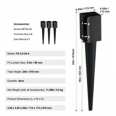 Fence Post Anchor Ground Spike 4 Pack 24 x 4 x 4 In Metal Fence Stakes