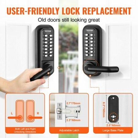 Mechanical Keyless Entry Door Lock, 14 Digit Keypad, Water-proof Zinc Alloy, Double-sided Embedded Outdoor Gate Door Locks Set with Keypad and Handle, Easy to Install, for Garden, Garage, Yard