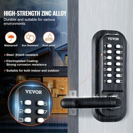 Mechanical Keyless Entry Door Lock, 14 Digit Keypad, Water-proof Zinc Alloy, Double-sided Embedded Outdoor Gate Door Locks Set with Keypad and Handle, Easy to Install, for Garden, Garage, Yard