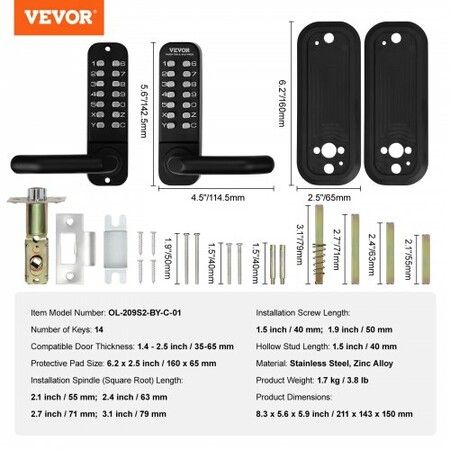 Mechanical Keyless Entry Door Lock, 14 Digit Keypad, Water-proof Zinc Alloy, Double-sided Embedded Outdoor Gate Door Locks Set with Keypad and Handle, Easy to Install, for Garden, Garage, Yard