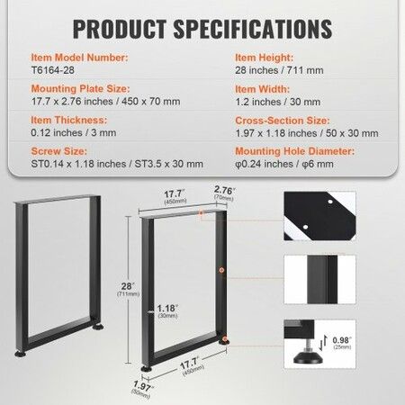711.2MM Adjustable Furniture Legs, Square Reinforced Steel Office Table legs Set of 2 for DIY, Max Load 453.6KG Heavy Duty Desk Legs, Quick Instalation & Rich Accessories Legs Black