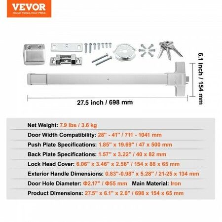 Push Bar Door Locks, Carbon Steel Panic Bars for Exit Doors, with Exterior Lever and 3 Keys, Push Bar Panic Exit Device Door Hardware for Metal Wood Door, for Left and Right Handed Doors