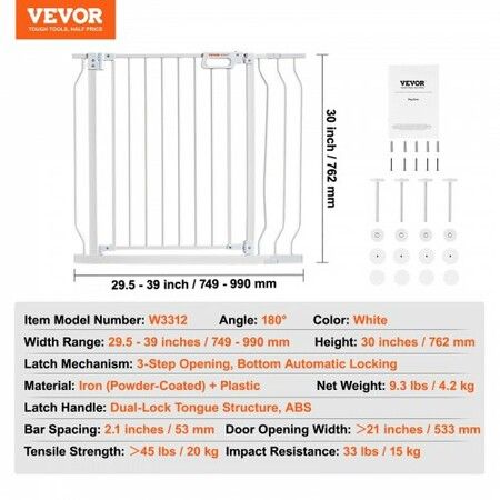 Baby Gate, 749-990 mm Extra Wide, 762 mm High, Dog Gate for Stairs Doorways and House, Easy Step Walk Thru Auto Close Child Gate Pet Security Gate with Pressure Mount Kit & Wall Mount Kit, White