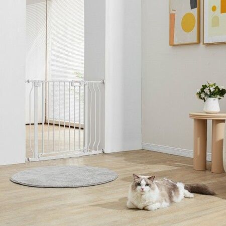 Baby Gate, 749-990 mm Extra Wide, 762 mm High, Dog Gate for Stairs Doorways and House, Easy Step Walk Thru Auto Close Child Gate Pet Security Gate with Pressure Mount Kit & Wall Mount Kit, White