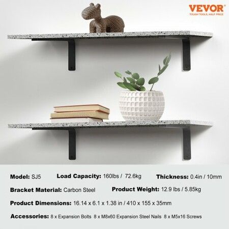 Shelf Bracket, 41 x 15.5 cm 4 Pcs, Heavy Duty Floating Shelf Brackets, Brackets for Shelves, 10mm Thick Matte Black L Shelf Bracket,Steel Shelving Brackets with 72.6 kg Load Capacity