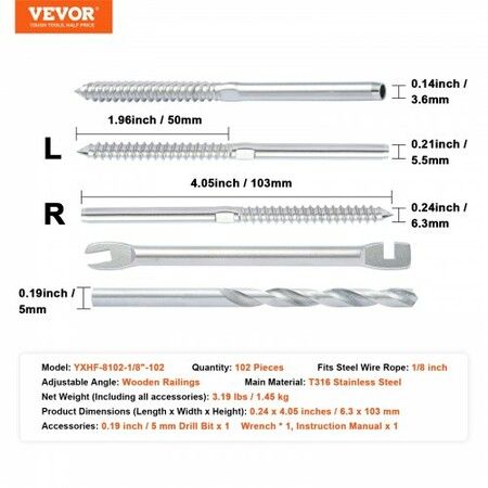 102 Pack Cable Railing Swage Threaded Stud Tension End Fitting Terminal for 3.2mm Deck Cable Railing, T316 Stainless Steel, Cable Railing Tensioner 3.2mm for Wood/Metal Post, Silver