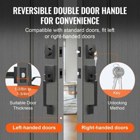 Double Door Handle Set, Matte Black Square Door Lever, Heavy Duty Double Front Door Handle Set with Dummy, Double Door Lock Set with Reversible Handle Lever, for Front Door or Office Door