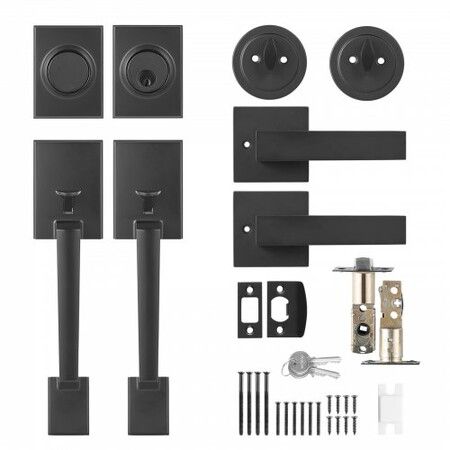 Double Door Handle Set, Matte Black Square Door Lever, Heavy Duty Double Front Door Handle Set with Dummy, Double Door Lock Set with Reversible Handle Lever, for Front Door or Office Door