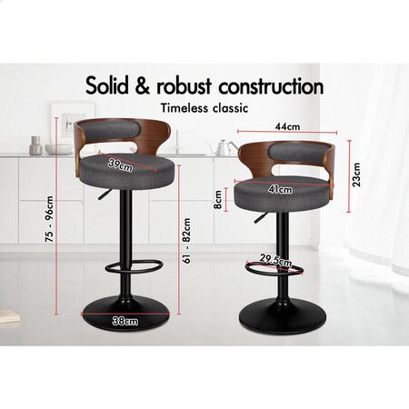 ALFORDSON 2x Bar Stool Kitchen Swivel Chair Wooden Linen Fabric Ramiro Grey