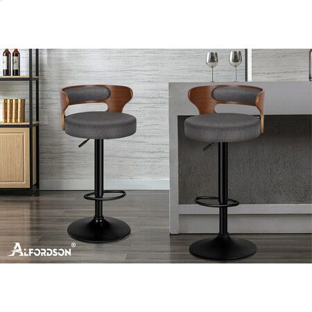 ALFORDSON 2x Bar Stool Kitchen Swivel Chair Wooden Linen Fabric Ramiro Grey