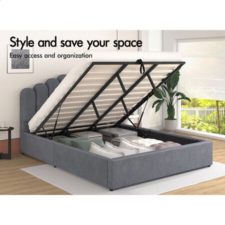 ALFORDSON Bed Frame King Size Gas Lift Storage Base Wooden Grey MILTON