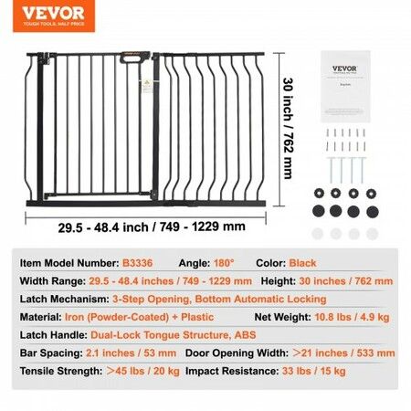 Baby Gate, 749-1229 mm Extra Wide, 762 mm High, Dog Gate for Stairs Doorways and House, Easy Step Walk Thru Auto Close Child Gate Pet Security Gate with Pressure Mount and Wall Mount Kit, Black