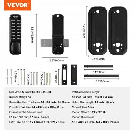 Mechanical Keyless Entry Door Lock, 14 Digit Keypad, Water-proof Zinc Alloy, Outdoor Gate Door Locks Set with Surface-mounted Latch, Keypad and Knob, Easy to Install, for Garden, Garage, Yard