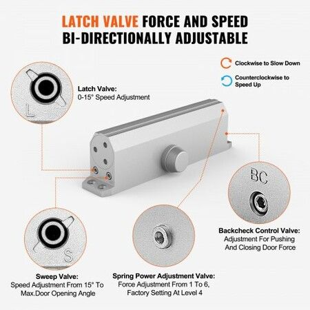 Door Closer, Automatic Door Closer Commercial or Residential Use for Door Weights 150 kg, Adjustable Size Hydraulic Buffer Door Closers Heavy Duty Cast Aluminum Body, Easy Install, Silver