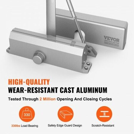 Door Closer, Automatic Door Closer Commercial or Residential Use for Door Weights 150 kg, Adjustable Size Hydraulic Buffer Door Closers Heavy Duty Cast Aluminum Body, Easy Install, Silver