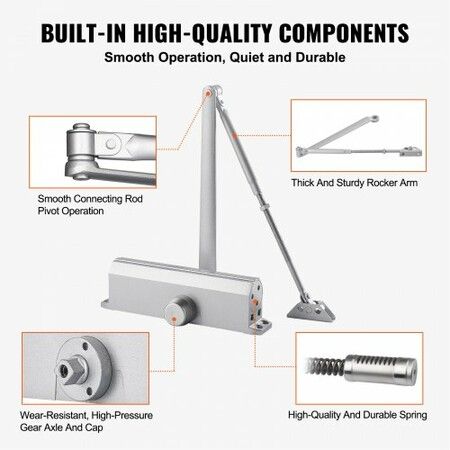 Door Closer, Automatic Door Closer Commercial or Residential Use for Door Weights 150 kg, Adjustable Size Hydraulic Buffer Door Closers Heavy Duty Cast Aluminum Body, Easy Install, Silver
