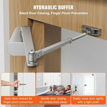 Door Closer, Automatic Door Closer Commercial or Residential Use for Door Weights 85 kg, Adjustable Size Hydraulic Buffer Door Closers Heavy Duty Cast Aluminum Body, Easy Install, Silver