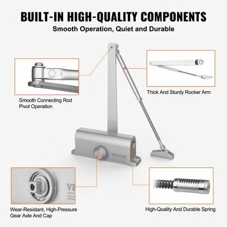 Door Closer, Automatic Door Closer Commercial or Residential Use for Door Weights 85 kg, Adjustable Size Hydraulic Buffer Door Closers Heavy Duty Cast Aluminum Body, Easy Install, Silver