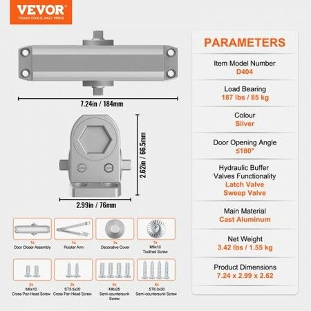 Door Closer, Automatic Door Closer Commercial or Residential Use for Door Weights 85 kg, Adjustable Size Hydraulic Buffer Door Closers Heavy Duty Cast Aluminum Body, Easy Install, Silver