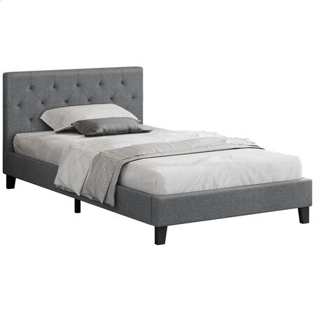 ALFORDSON Bed Frame Single Size Wooden Base Platform Grey Fabric MADELYN