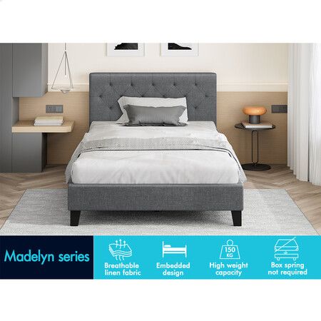 ALFORDSON Bed Frame Single Size Wooden Base Platform Grey Fabric MADELYN