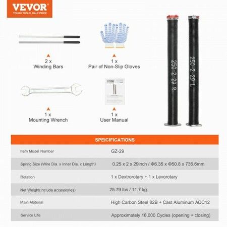 Garage Door Torsion Springs, Pair of 0.25 x 2 x 29inch, Garage Door Springs with Non-Slip Winding Bars, 16000 Cycles, Gloves and Mounting Wrench, Electrophoresis Coated for Replacement