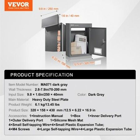 Through The Wall Drop Box, Heavy Duty Steel Through the Wall Mailbox with 2.8-7.9" 13" Combination Lock, 12.5x6.3x16.9" Mail Drop Box, Dark Gray