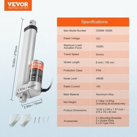 Linear Actuator 12V 6 Inch High Load 330lbs/1500N 0.19"/s IP54 Protection