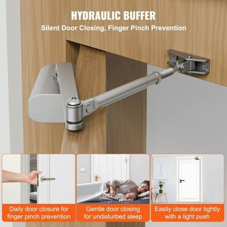 Door Closer, Automatic Door Closer Commercial or Residential Use for Door Weights 45 kg, Adjustable Size Hydraulic Buffer Door Closers Heavy Duty Cast Aluminum Body, Easy Install, Silver