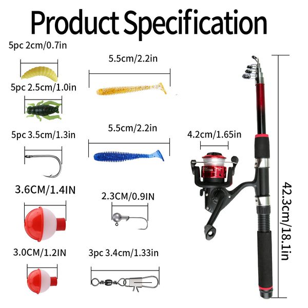 Portable Telescopic Fishing Rod and Reel Combo Kit for Boys,Girls with Fishing Reel,Fishing Tackles (Red)