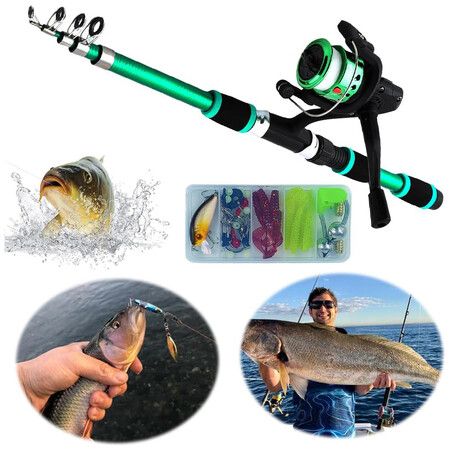 Portable Telescopic Fishing Rod and Reel Combo Kit with Fishing Reel Tackle Box for Boys, Girls, Youth (Green)