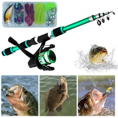 Portable Telescopic Fishing Rod and Reel Combo Kit with Fishing Reel Tackle Box for Boys, Girls, Youth (Green)