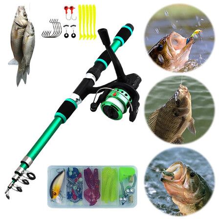 Portable Telescopic Fishing Rod and Reel Combo Kit with Fishing Reel Tackle Box for Boys, Girls, Youth (Green)