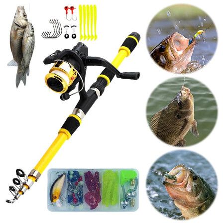 Portable Telescopic Fishing Rod and Reel Combo Kit with Fishing Reel Tackle Box for Boys, Girls, Youth (Yellow)