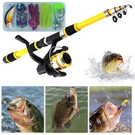 Portable Telescopic Fishing Rod and Reel Combo Kit with Fishing Reel Tackle Box for Boys, Girls, Youth (Yellow)