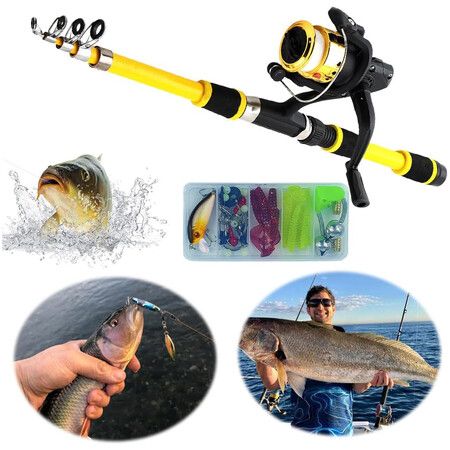 Portable Telescopic Fishing Rod and Reel Combo Kit with Fishing Reel Tackle Box for Boys, Girls, Youth (Yellow)