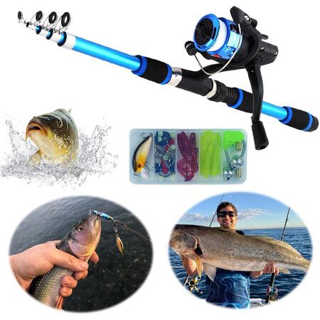 Portable Telescopic Fishing Rod and Reel Combo Kit with Fishing Reel Tackle Box for Boys, Girls, Youth (Blue)