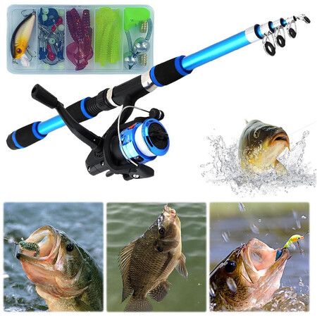 Portable Telescopic Fishing Rod and Reel Combo Kit with Fishing Reel Tackle Box for Boys, Girls, Youth (Blue)