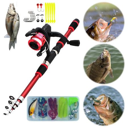 Portable Telescopic Fishing Rod and Reel Combo Kit with Fishing Reel Tackle Box for Boys, Girls, Youth (Red)